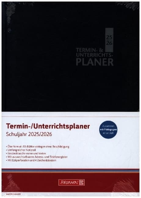 BRUNNEN Termin- & Unterrichtsplaner (2025/2026), 2 Seiten = 1 Woche, A5, 224 Seiten, Kunststoff-Einband Baladek, schwarz
