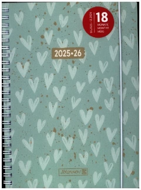 BRUNNEN Schülerkalender (2025/2026) "Hearts", 2 Seiten = 1 Woche, A5, 208 Seiten, PP-Umschlag, mint