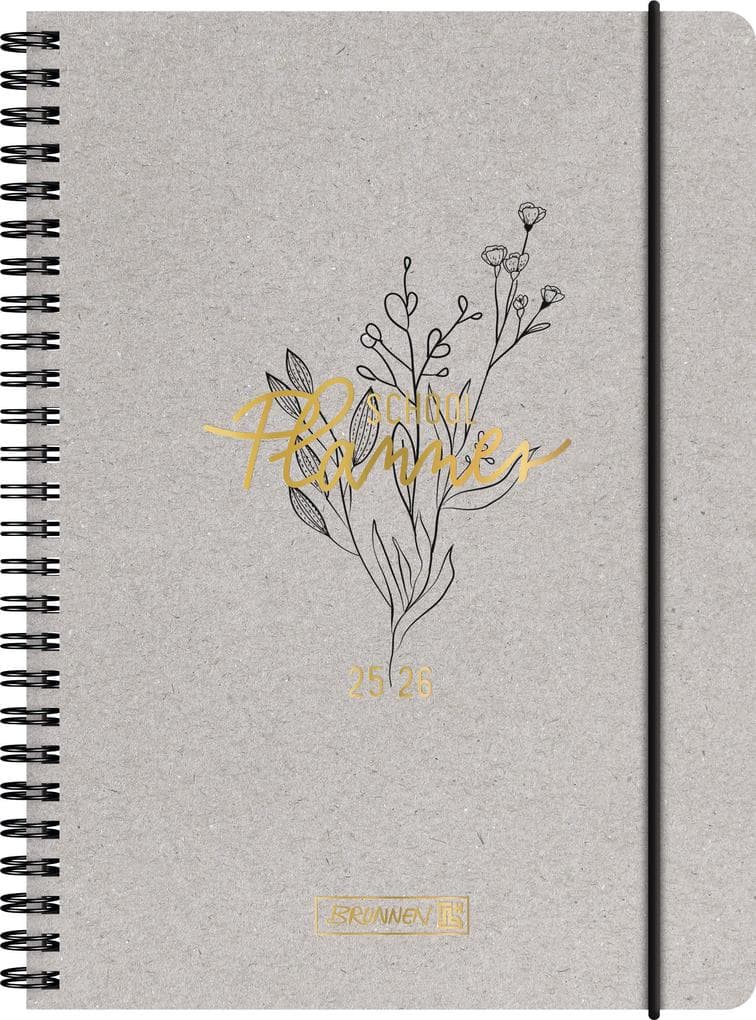 BRUNNEN Schülerkalender (2025/2026) "Botanical", 2 Seiten = 1 Woche, A5, 208 Seiten, Naturkarton-Umschlag, grau