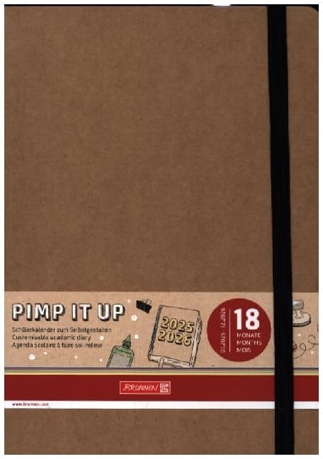 BRUNNEN Schülerkalender (2025/2026) Pimp it up!, 2 Seiten = 1 Woche, A5, 208 Seiten, Kraftpapier-Einband, braun