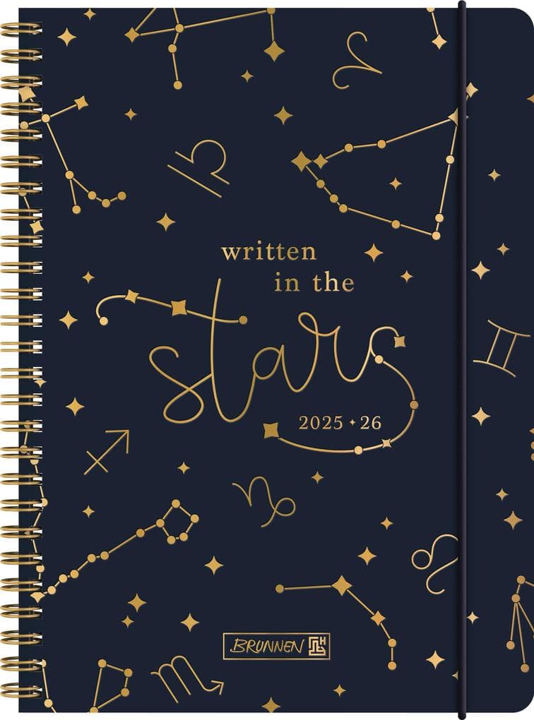BRUNNEN Schülerkalender (2025/2026) "Stars", 2 Seiten = 1 Woche, A5, 208 Seiten, Papier-Einband, dunkelblau
