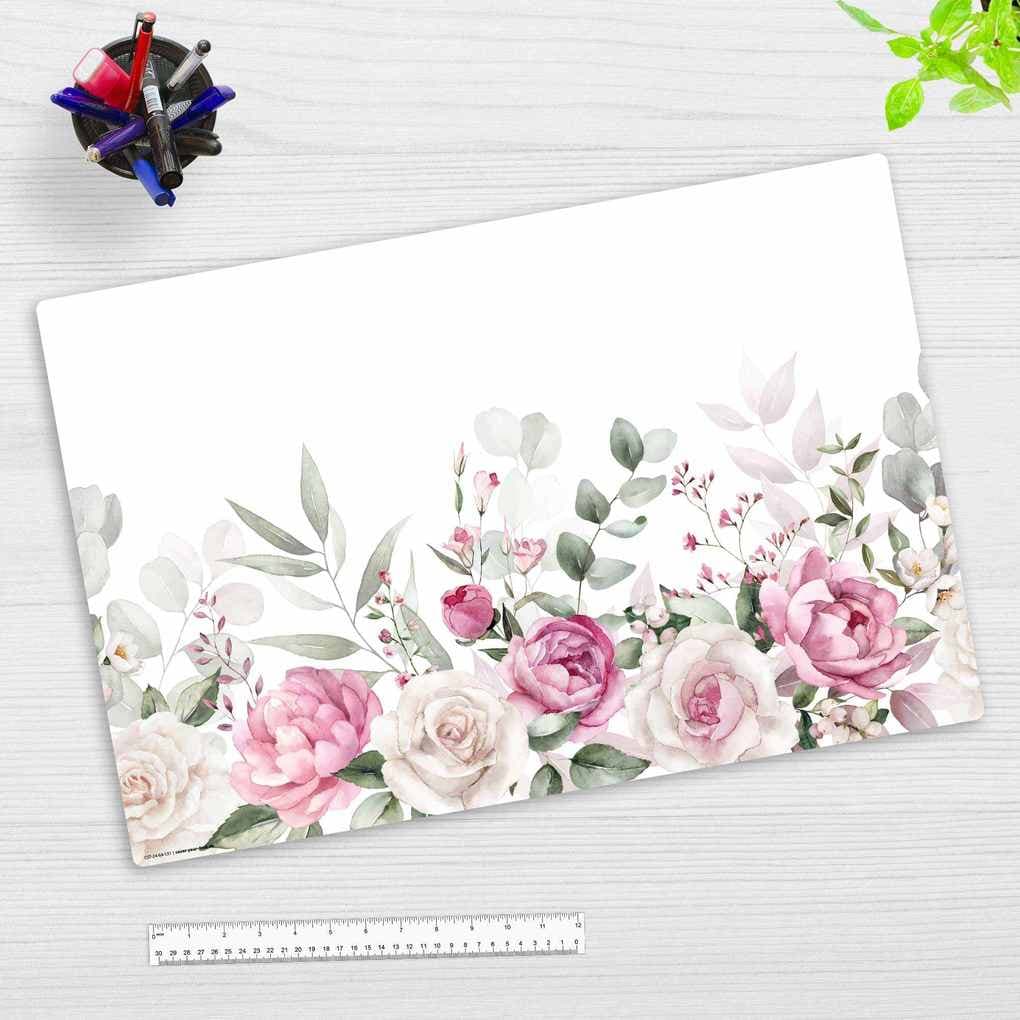 Cover-your-desk Schreibtischunterlage für Kinder und Erwachsene Rosa Rosen und Eukalyptus Aquarell, aus hochwertigem Vinyl, 60 x 40 cm