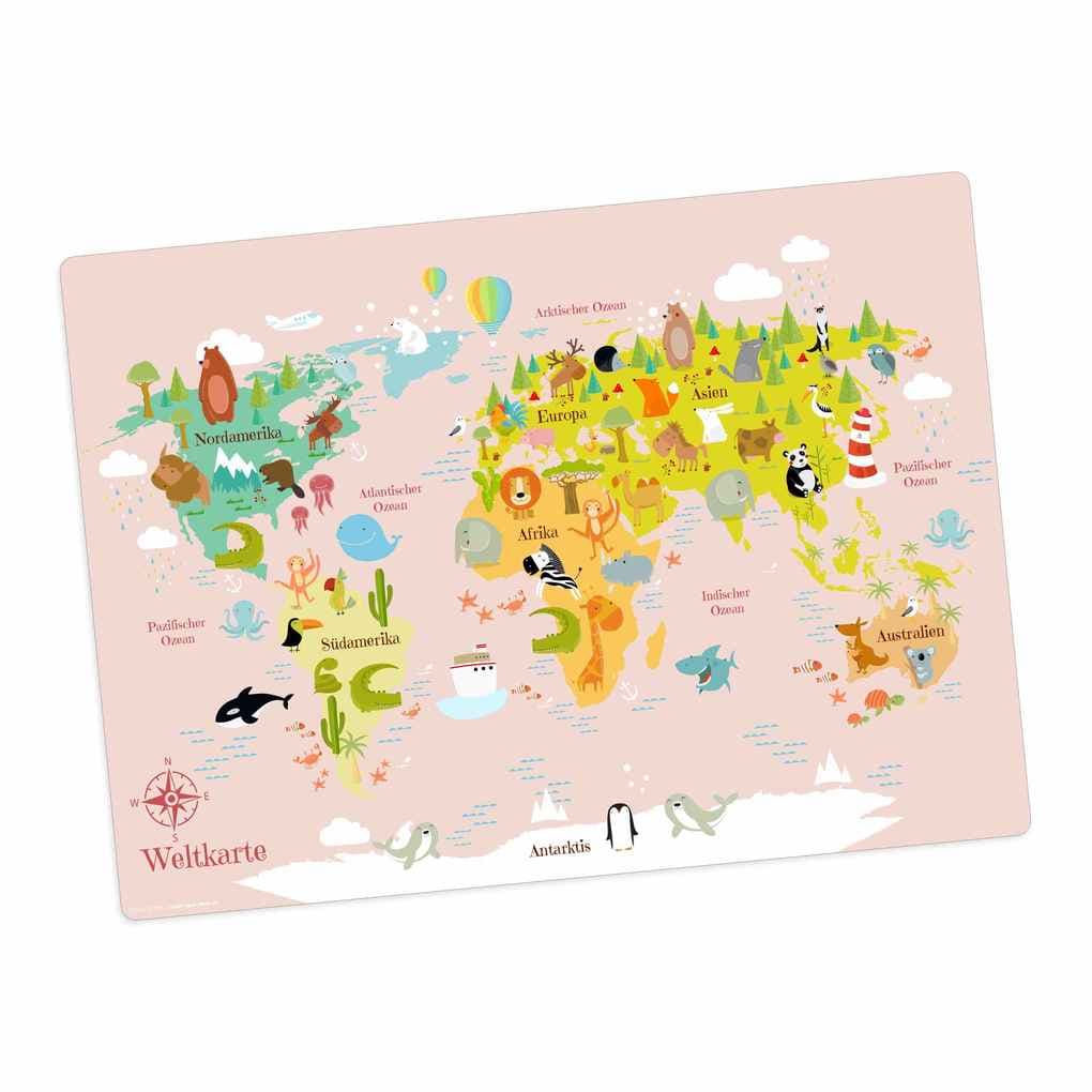 Tischsetmacher Tischset Weltkarte in rosa für Kinder, aus hochwertigem Vinyl , 44 x 32 cm