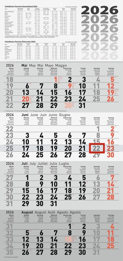 rido/idé 7033420006 | 4-Monatskalender 2026 | grau, 300×630 mm