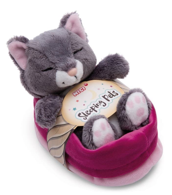 NICI - Sleeping Pets - Green - Kuscheltier Katze grau 12cm schlafend im Körbchen rosa