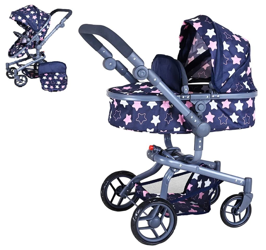 Knorrtoys 90943 - Kombi-Puppenwagen Boonk Star Blue Pink, mit Zubehör, umbaubar, Schieberhöhe: 45-82cm