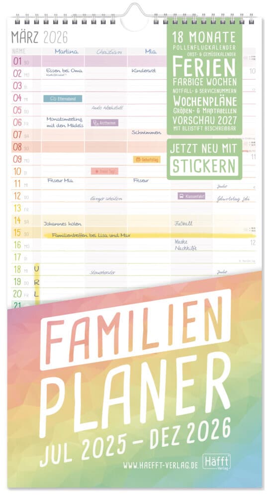 Familienplaner 25/26 Wand-Kalender 5-spaltig [Rainbow] 18 Monate