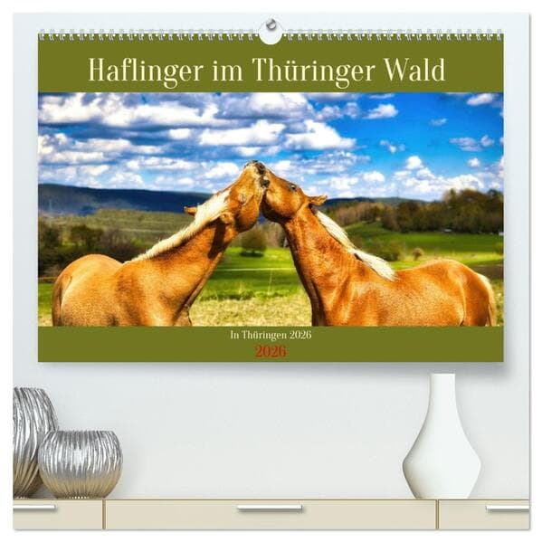 Haflinger im Thüringer Wald (hochwertiger Premium Wandkalender 2026 DIN A2 quer), Kunstdruck in Hochglanz