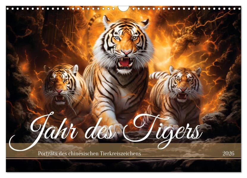 Jahr des Tigers - Porträts des chinesischen Tierkreiszeichens (Wandkalender 2026 DIN A3 quer), CALVE