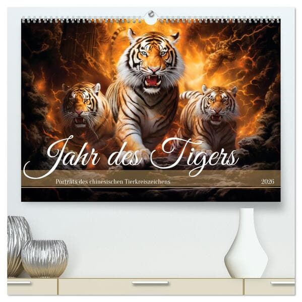 Jahr des Tigers - Porträts des chinesischen Tierkreiszeichens (hochwertiger Premium Wandkalender 2026 DIN A2 quer), Kunstdruck in Hochglanz