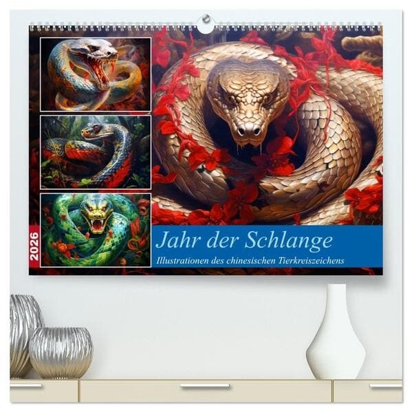 Jahr der Schlange - Illustrationen des chinesischen Tierkreiszeichens (hochwertiger Premium Wandkalender 2026 DIN A2 quer), Kunstdruck in Hochglanz