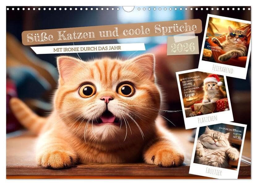Süße Katzen und coole Sprüche (Wandkalender 2026 DIN A3 quer), CALVENDO Monatskalender