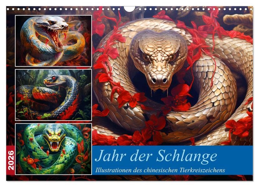 Jahr der Schlange - Illustrationen des chinesischen Tierkreiszeichens (Wandkalender 2026 DIN A3 quer), CALVENDO Monatskalender