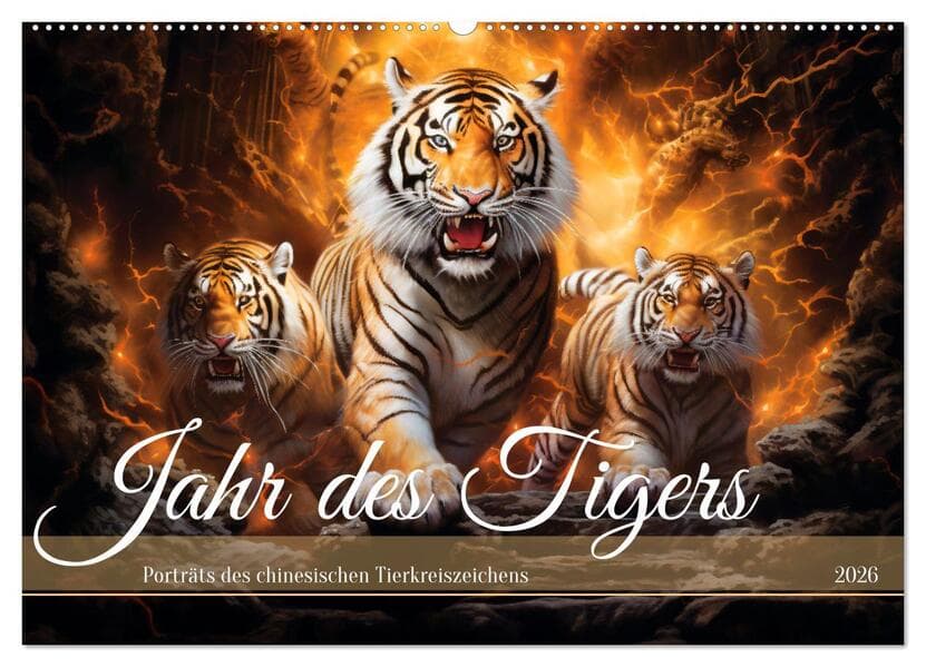 Jahr des Tigers - Porträts des chinesischen Tierkreiszeichens (Wandkalender 2026 DIN A2 quer), CALVENDO Monatskalender
