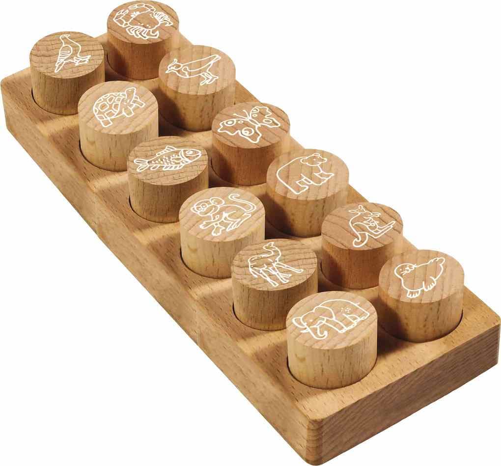 COLOP Woodies Holzstempel Set "Exotische Tiere", mit 12 Motiven, Abdruckgröße: Ø 29 mm, eckig