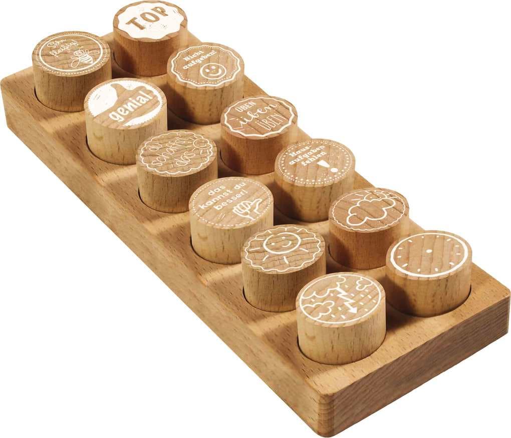 COLOP Woodies Holzstempel Set "Motivation", mit 12 Motiven, Abdruckgröße: Ø 29 mm, eckig