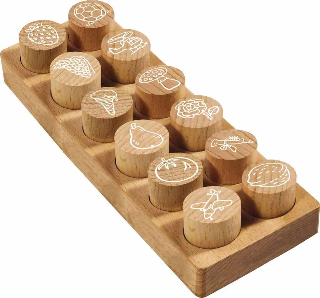 COLOP Woodies Holzstempel Set "Mix", 12 Motive, Abdruckgröße: Ø 29 mm, eckig