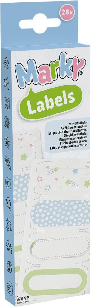 COLOP MARKY Aufbügeletiketten Set, 28 Stück iron-on Labels, 7 Motive