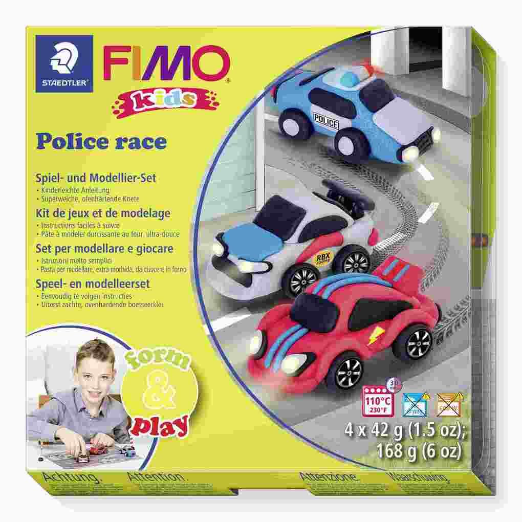 STAEDTLER FIMO kids 8034, ofenhärtende Modelliermasse, Set "Police race", mit 4 Blöcken 42 g, Modellierstab