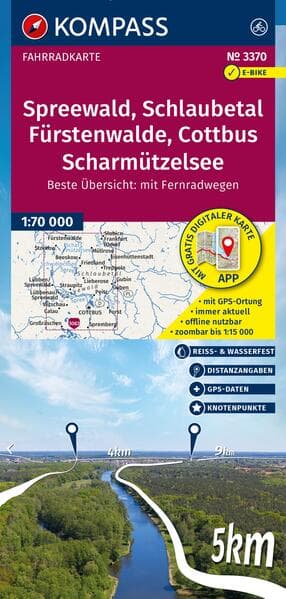 KOMPASS Fahrradkarte 3370 Spreewald, Schlaubetal, Fürstenwalde, Cottbus, Scharmützelsee mit Knotenpunkten 1:70.000