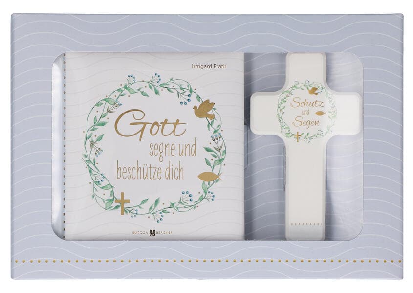 Butzon & Bercker Geschenkset zur Taufe 15 x 22 x 2 cm - Holzkreuz aus Buchenholz weiß lackiert mit Taufspruch, gebundenes Buch 11 x 11 cm, Lieferung in Geschenkverpackung