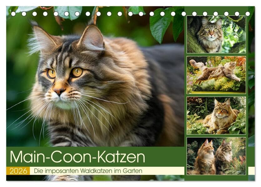 Main-Coon-Katzen. Die imposanten Waldkatzen im Garten (Tischkalender 2026 DIN A5 quer), CALVENDO Monatskalender