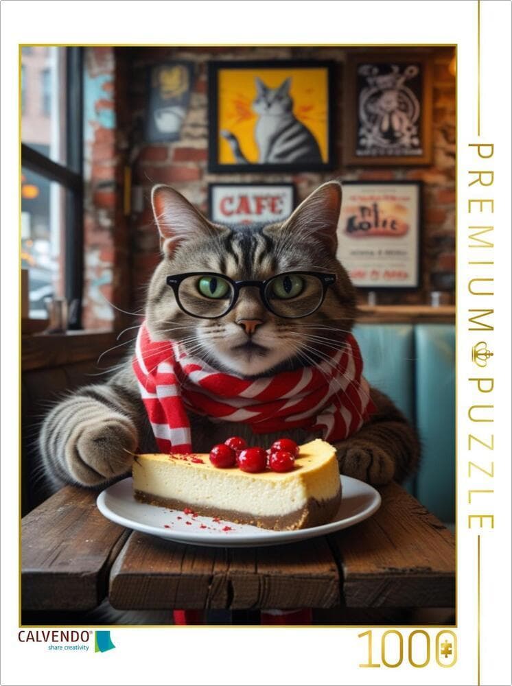 CALVENDO Puzzle Café-Katze mit Brille und Kuchen - witziges Katzenbild im Hipster-Stil | 1000 Teile