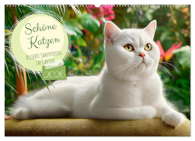 Schöne Katzen. Beliebte Samtpfoten im Garten (Wandkalender 2026 DIN A2 quer), CALVENDO Monatskalende