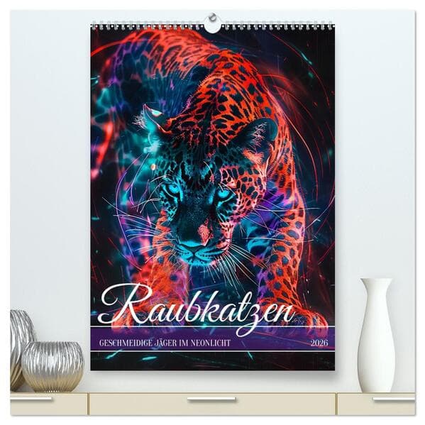 Raubkatzen - Geschmeidige Jäger im Neonlicht (hochwertiger Premium Wandkalender 2026 DIN A2 hoch), K