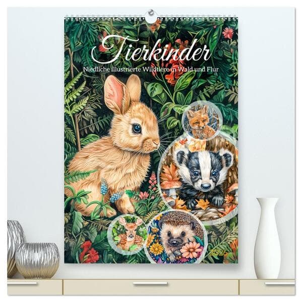 Tierkinder - Niedliche illustrierte Wildtiere in Wald und Flur (hochwertiger Premium Wandkalender 20
