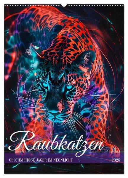 Raubkatzen - Geschmeidige Jäger im Neonlicht (Wandkalender 2026 DIN A2 hoch), CALVENDO Monatskalende