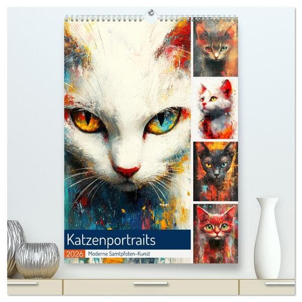 Katzenportraits. Moderne Samtpfoten-Kunst (hochwertiger Premium Wandkalender 2026 DIN A2 hoch), Kuns