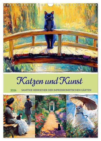Katzen und Kunst - Samtige Herrscher der impressionistischen Gärten (Wandkalender 2026 DIN A3 hoch), CALVENDO Monatskalender