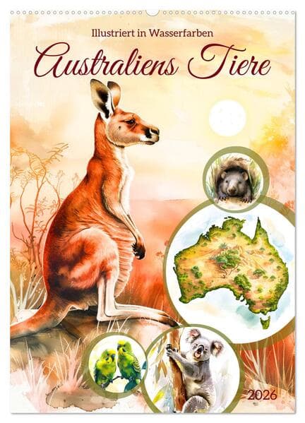 Australiens Tiere - Illustriert in Wasserfarben (Wandkalender 2026 DIN A2 hoch), CALVENDO Monatskale