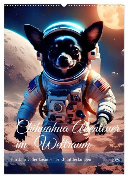 Chihuahua Abenteuer im Weltraum (Wandkalender 2026 DIN A2 hoch), CALVENDO Monatskalender
