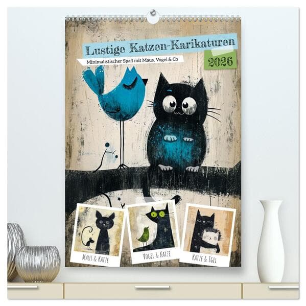 Lustige Katzen-Karikaturen - Minimalistischer Spaß mit Maus, Vogel und Co (hochwertiger Premium Wand