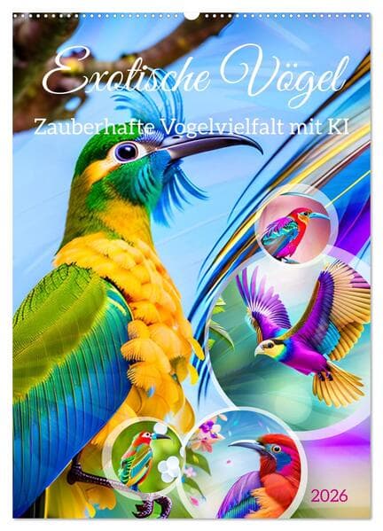 Exotische Vögel. Zauberhafte Vogelvielfalt mit KI (Wandkalender 2026 DIN A2 hoch), CALVENDO Monatska