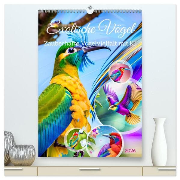 Exotische Vögel. Zauberhafte Vogelvielfalt mit KI (hochwertiger Premium Wandkalender 2026 DIN A2 hoc
