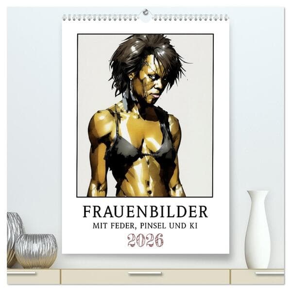 Frauenbilder mit Feder, Pinsel und KI (hochwertiger Premium Wandkalender 2026 DIN A2 hoch), Kunstdru