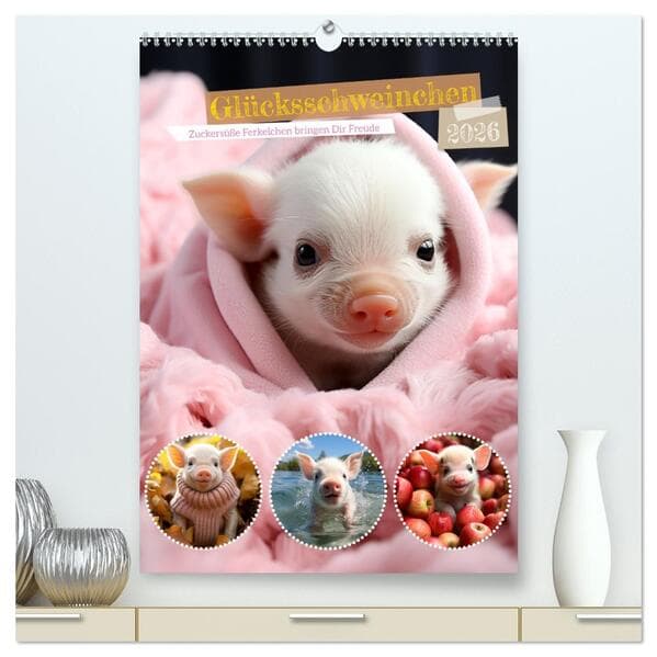 Glücksschweinchen (hochwertiger Premium Wandkalender 2026 DIN A2 hoch), Kunstdruck in Hochglanz