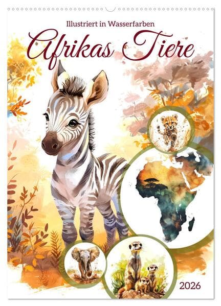 Afrikas Tiere - Illustriert in Wasserfarben (Wandkalender 2026 DIN A2 hoch), CALVENDO Monatskalender