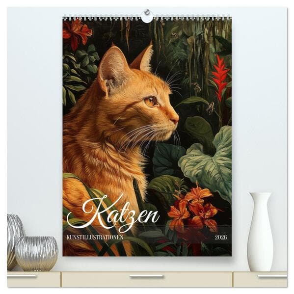 Katzen Kunstillustrationen (hochwertiger Premium Wandkalender 2026 DIN A2 hoch), Kunstdruck in Hochg