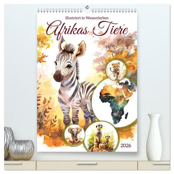 Afrikas Tiere - Illustriert in Wasserfarben (hochwertiger Premium Wandkalender 2026 DIN A2 hoch), Ku