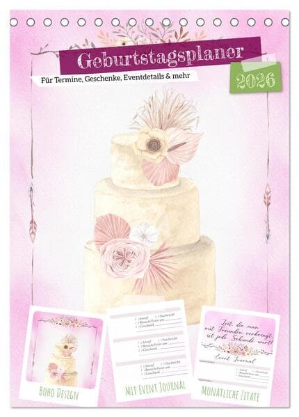 Geburtstagsplaner Boho Rosa - Für Termine, Geschenke, Eventdetails & mehr (Tischkalender 2026 DIN A5