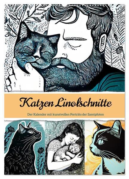 Katzen Linolschnitt - Der Kalender mit kunstvollen Porträts der Samtpfoten (Wandkalender 2026 DIN A2