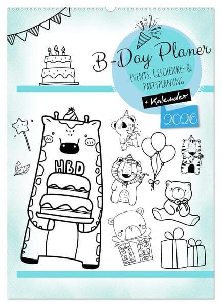 Geburtstagsplaner Doodle Tiere - Für Termine, Geschenke, Eventdetails & mehr (Wandkalender 2026 DIN A2 hoch), CALVENDO Monatskalender
