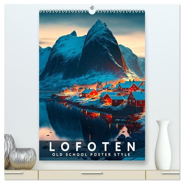 Lofoten - Old School Poster Style (hochwertiger Premium Wandkalender 2026 DIN A2 hoch), Kunstdruck in Hochglanz