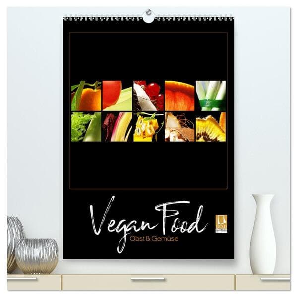 Vegan Food Kalender - Obst und Gemüse auf Schwarz (hochwertiger Premium Wandkalender 2026 DIN A2 hoc