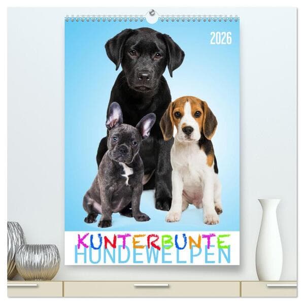 Kunterbunte Hundewelpen (hochwertiger Premium Wandkalender 2026 DIN A2 hoch), Kunstdruck in Hochglan
