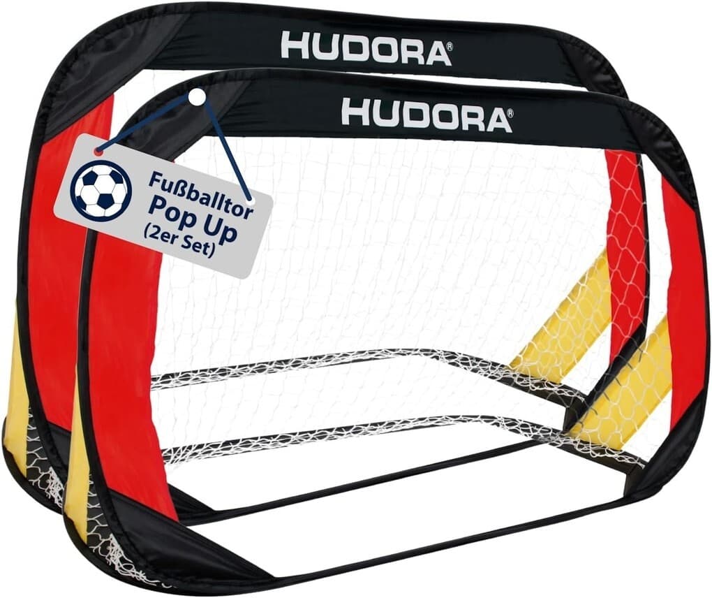 HUDORA 76944 - Pop Up Fußballtor (2er Set), schwarz/rot/gold, Maße: 120x80x80cm